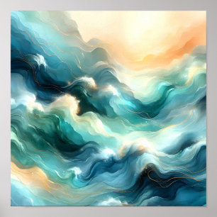 Golden Ocean Flow Abstract Waves Poster