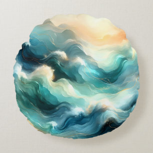 Golden Ocean Flow Abstract Waves Round Cushion