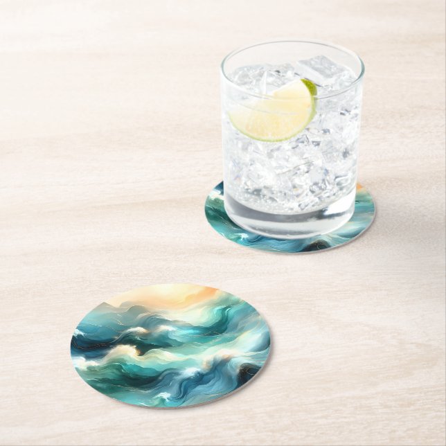 Golden Ocean Flow Abstract Waves Round Paper Coaster (Insitu)