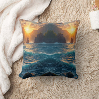 Golden Ocean Sunset Mountain Coastal Nature  Cushion