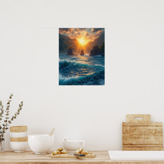 Golden Ocean Sunset Mountain Coastal Nature Poster