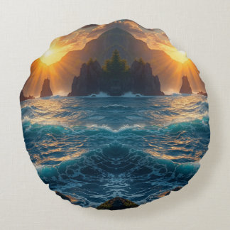 Golden Ocean Sunset Mountain Coastal Nature  Round Cushion
