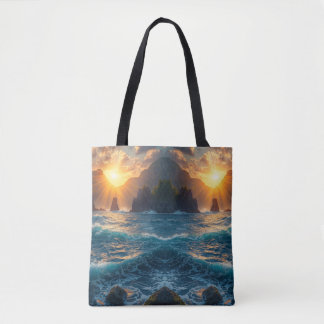 Golden Ocean Sunset Mountain Coastal Nature  Tote Bag