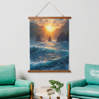 Golden Ocean Sunset Mountain Nature  Hanging Tapestry
