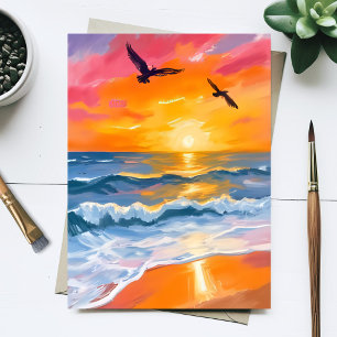 Golden Ocean Sunset Watercolor Beach Painting Postcard