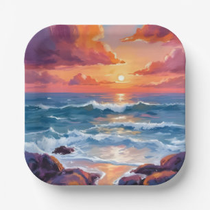 Golden Ocean Sunset Watercolor Coastal Radiant Paper Plate