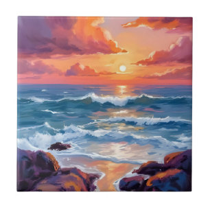 Golden Ocean Sunset   Watercolor Coastal Radiant Tile