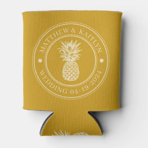 Golden Ochre Pineapple Wedding Crest & Names Can Cooler