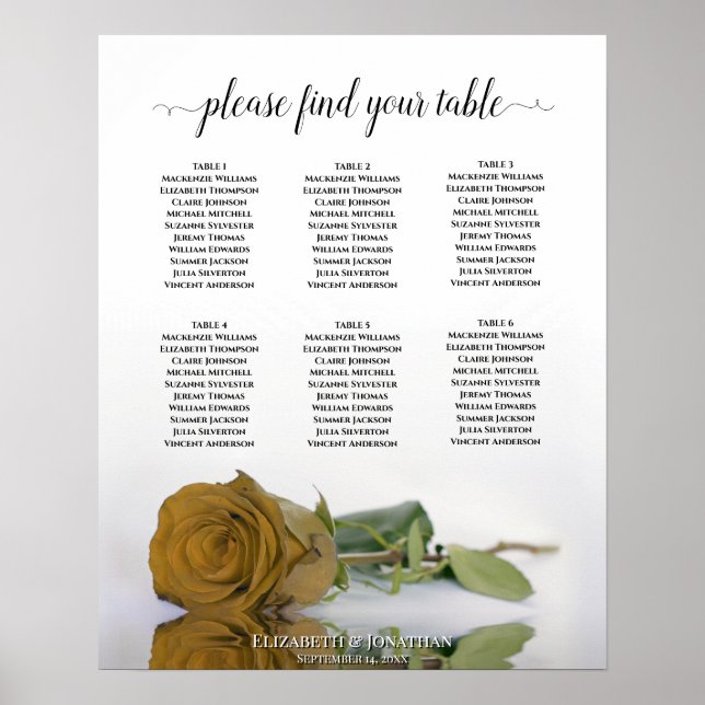 Golden Ochre Rose 6 Table Wedding Seating Chart (Front)