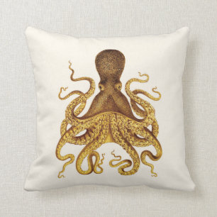 Golden Octopus Illustration on Cream Cushion
