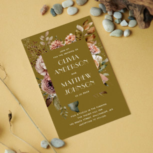 Golden Olive Green Wedding   Fall Floral Details Invitation