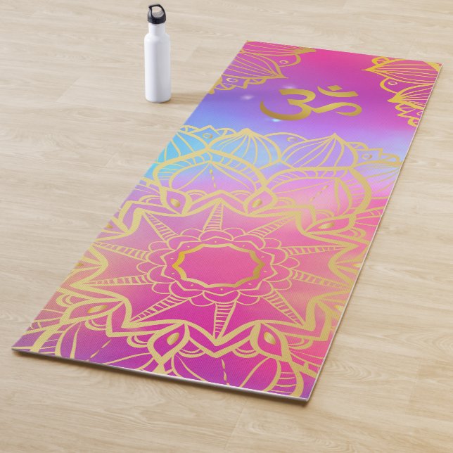 Golden Om Boho Rainbow Watercolor Mandala  Yoga Mat (In Situ)