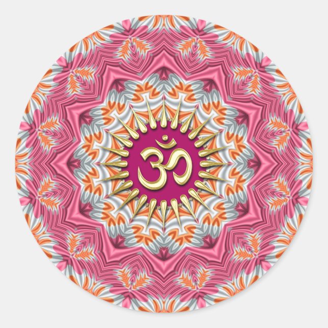 Golden Om on Sweet Orange Pink Classic Round Sticker (Front)