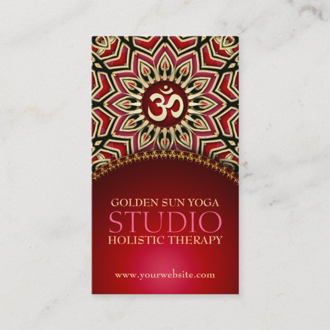 Golden OM Sun Yoga Reiki Red Business Cards (Front)