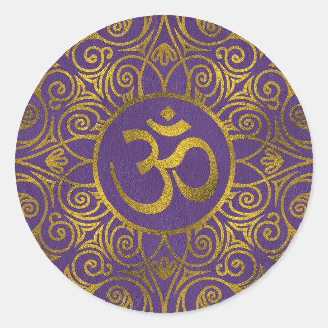 Golden  OM symbol with  on pastel purple Classic Round Sticker (Front)