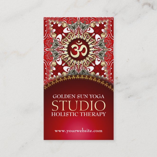 Golden OM Yoga Batik Bohemian Red Business Cards (Front)
