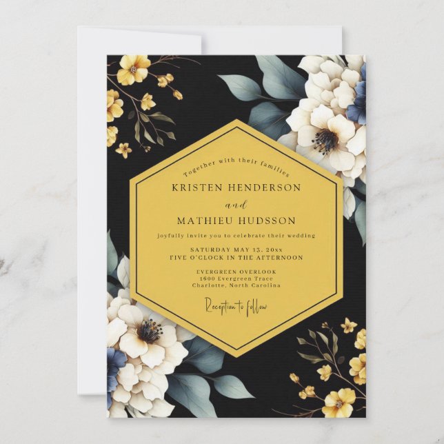 Golden Onyx Flora Wedding Invitation (Front)