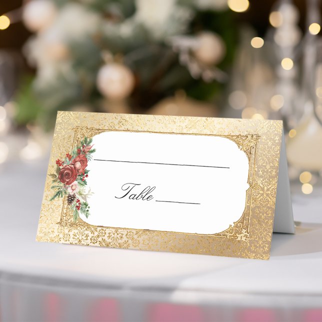 Golden Opulence Christmas Floral Wedding Place Card (Creator Uploaded)