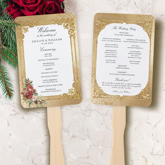 Golden Opulence Christmas Floral Wedding Program Hand Fan (Creator Uploaded)
