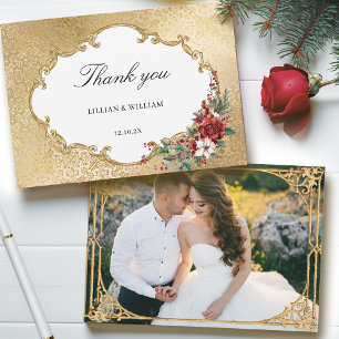 Golden Opulence Christmas Floral Wedding Thank You Card
