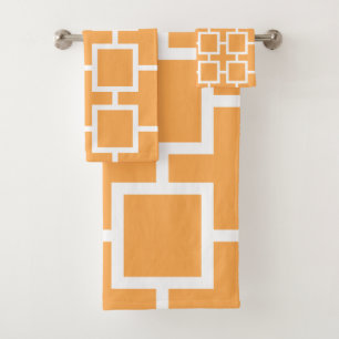 Golden Orange and White Geometric Square Pattern Bath Towel Set