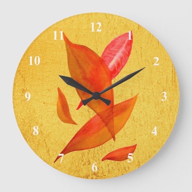 Golden Orange Autumn Fall leaf modern art Large Clock (Front)