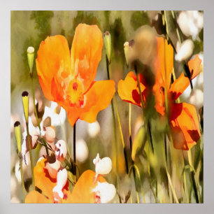 Golden Orange California Poppy Acrylic Painting Poster