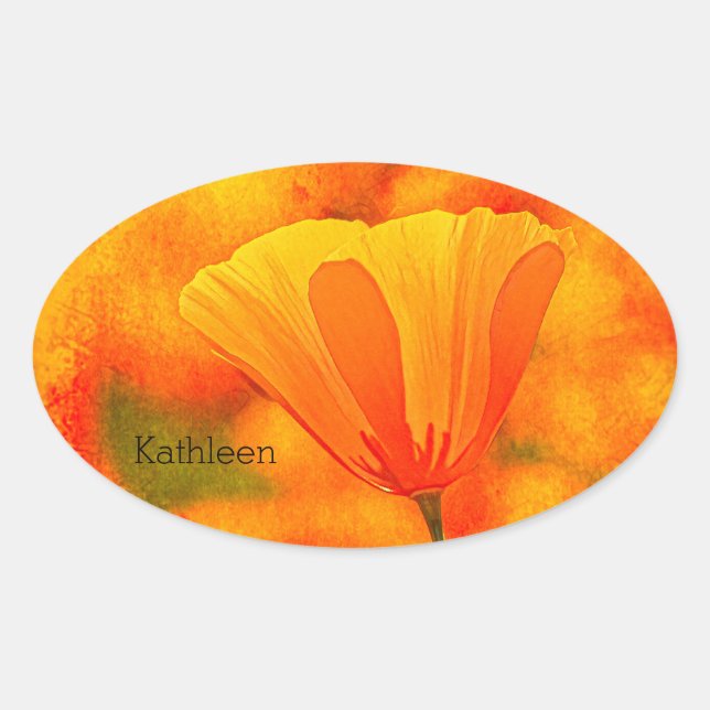 Golden Orange California Poppy "Land Of Orange" Oval Sticker (Front)