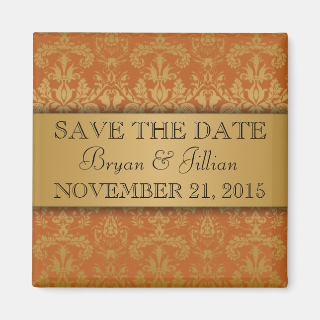 Golden Orange & Gold Regal Damask Save the Date Magnet (Front)