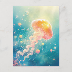 Golden Orange Jellyfish Glowing in Turquoise Ocean Postcard
