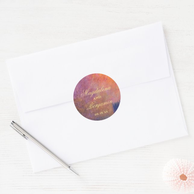 Golden Orange Purple Sunset Sky Monet Art Wedding Classic Round Sticker (Envelope)