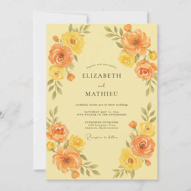 Golden Orange Ranunculus Eucalyptus Wedding Invitation (Front)