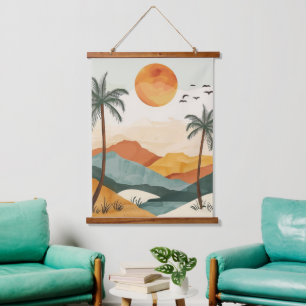 Golden Orange Retro Tropical Mountain Sunset Hanging Tapestry