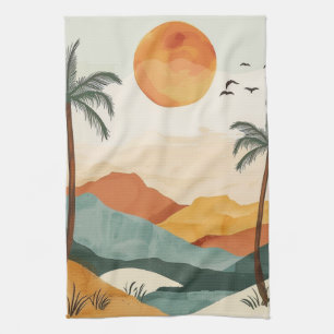 Golden Orange Retro Tropical Mountain Sunset Tea Towel