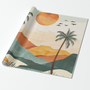 Golden Orange Retro Tropical Mountain Sunset Wrapping Paper