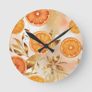 Golden Orange Slice Pattern Round Clock