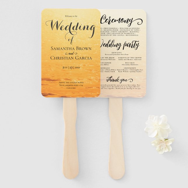 Golden orange summer sea waves wedding hand fan (Front and Back)