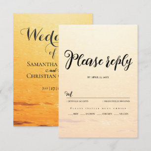 Golden orange summer sea waves wedding RSVP card