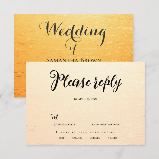 Golden orange summer sea waves wedding RSVP card (Front/Back)