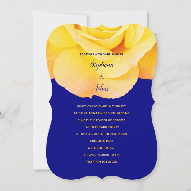 Golden Orange Yellow Rose Navy Blue Floral Wedding Invitation (Front)