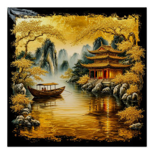 Golden Oriental Lake with a Pagoda Poster