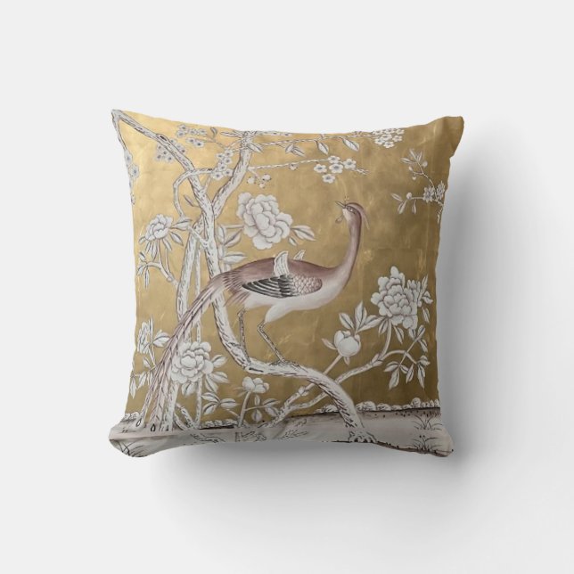 Golden Oriental Tea Garden with Subtle Peacock Cushion (Front)