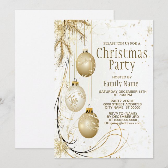 Golden Ornament Christmas Holiday Party Elegant Invitation (Front/Back)