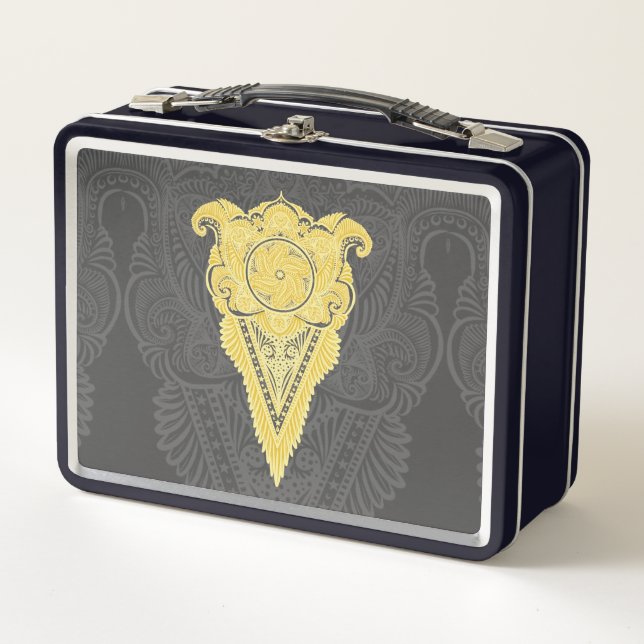 Golden Ornamental Flame Metal Lunch Box (Front)