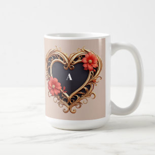 Golden Ornamental Heart Wreath With Red Flowers Coffee Mug