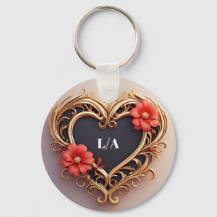Golden Ornamental Heart Wreath With Red Flowers Key Ring