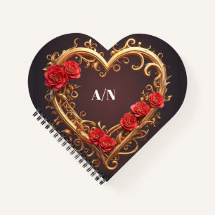 Golden Ornamental Heart Wreath With Red Flowers Notebook