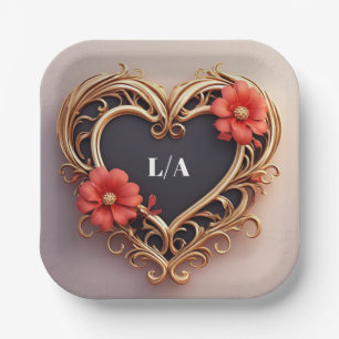 Golden Ornamental Heart Wreath With Red Flowers Paper Plate