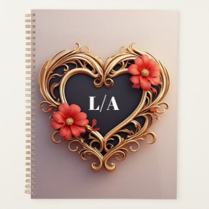 Golden Ornamental Heart Wreath With Red Flowers Planner
