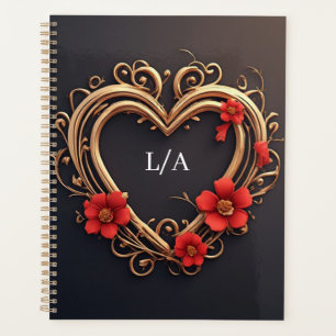 Golden Ornamental Heart Wreath With Red Flowers Planner